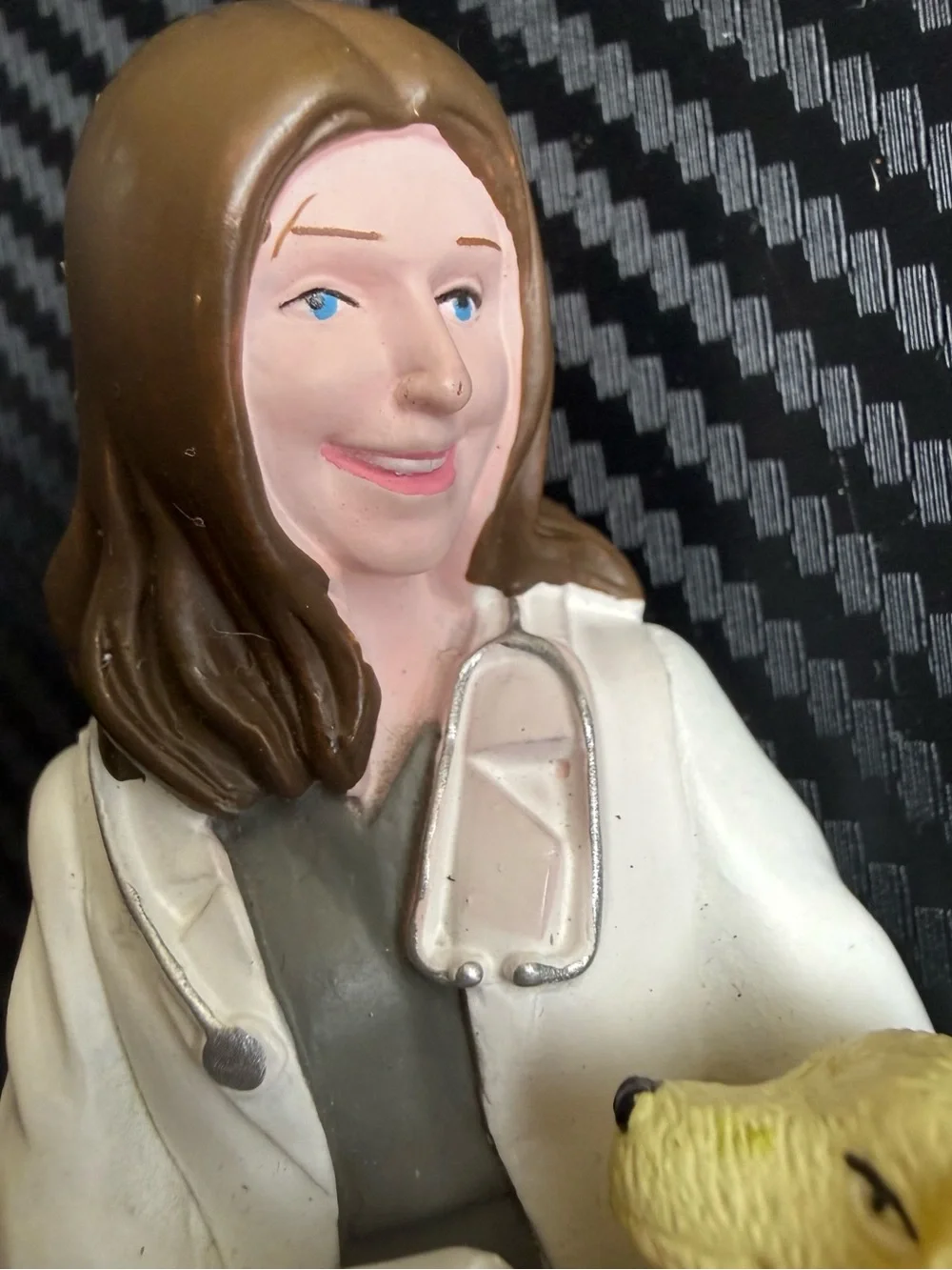 1982 Woman Doctor/Veterinarian Figurine w/ Stethoscope Holding Yellow Dog Resin